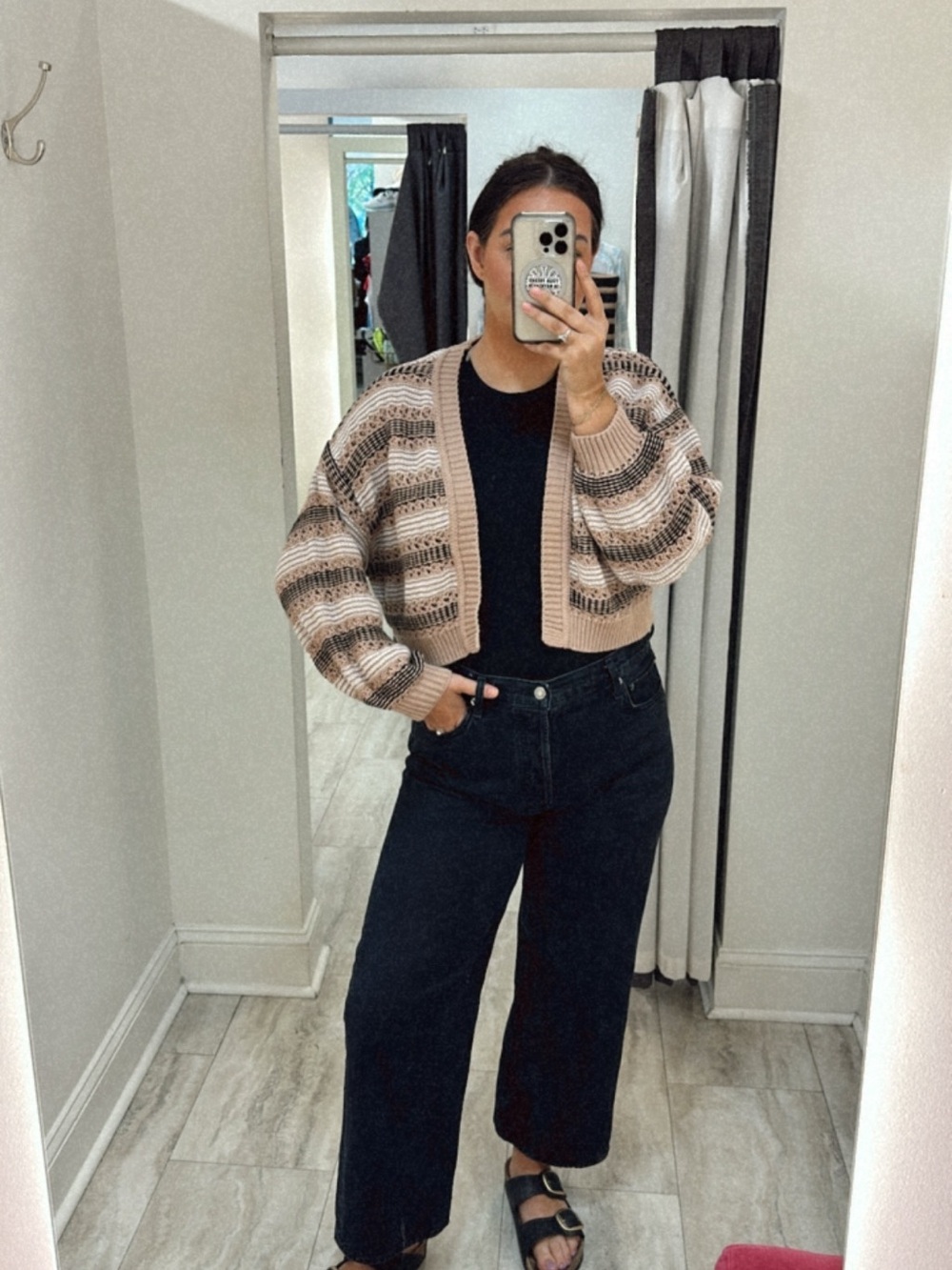525 Striped Cropped Cardigan Sweater - Beige/Black